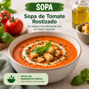 Sopa de tomate rostizado con albahaca